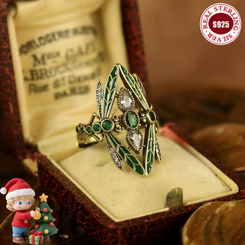 Women's 925 Silver Retro Enamel Dragonfly Ring